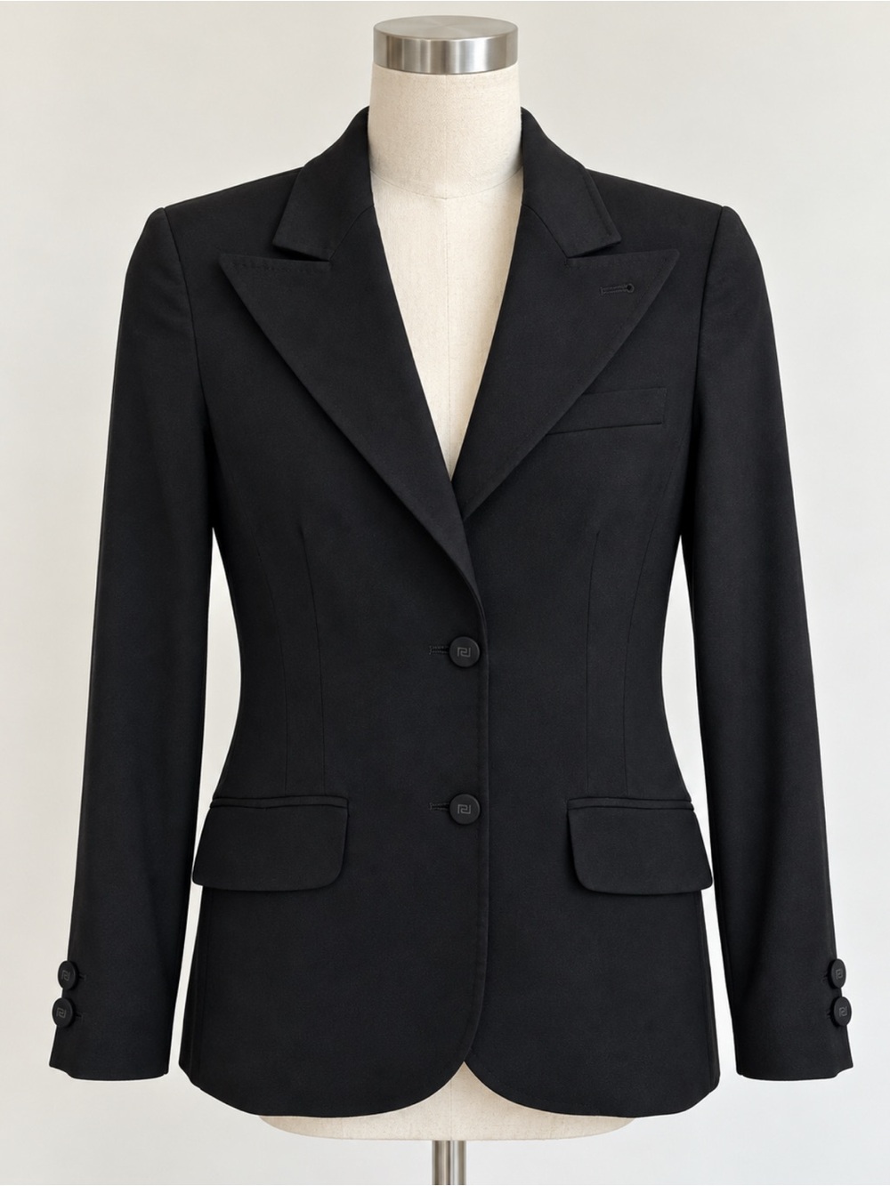Versace Black Tailored Peak-Lapel Blazer with Greca Buttons – Size IT 38